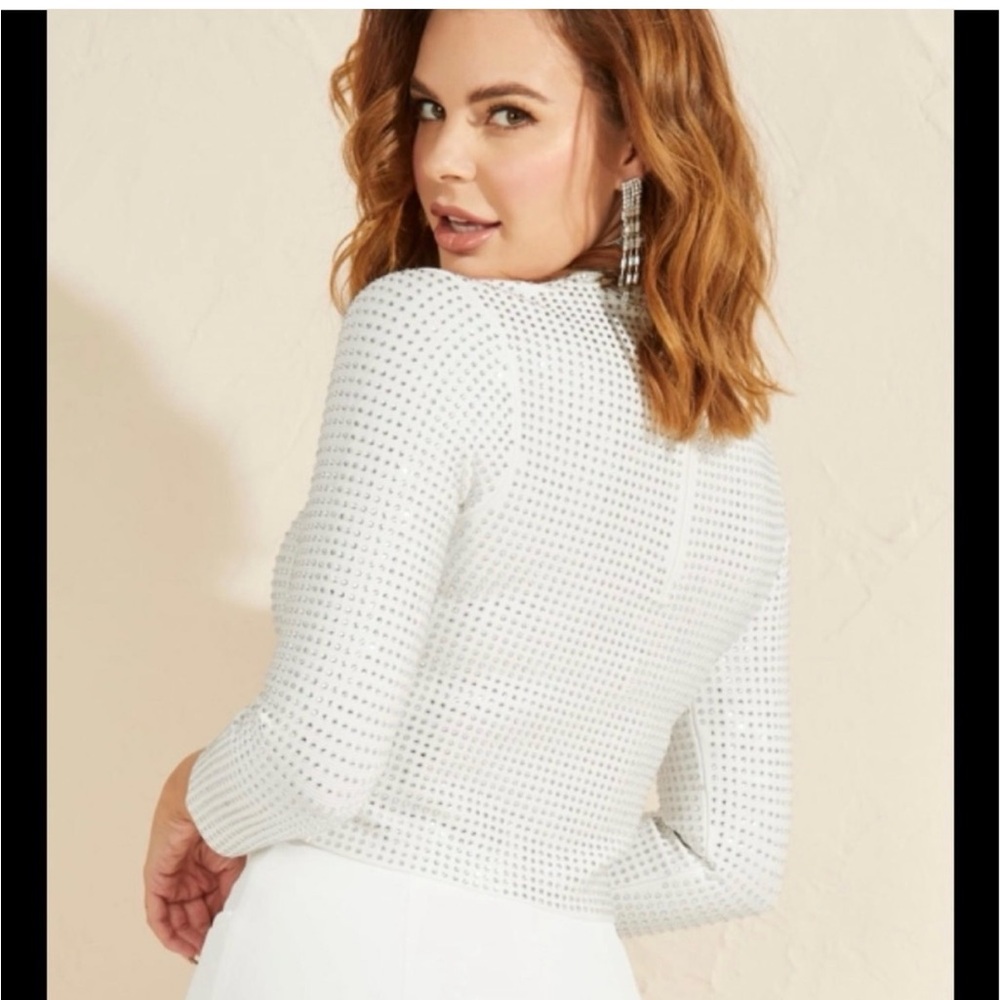 Guess by Marciano White stretchy Rhinestone Crop mock T-neck Blouse Size Small